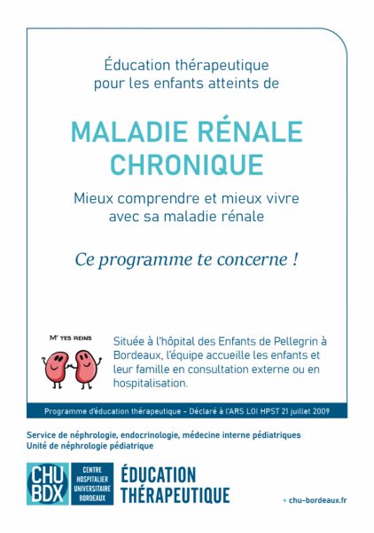 Page de couverture de la plaquette d'information du programme d'éducation thérapeutique ETP Maladie renale chronique enfant Chu de Bordeaux