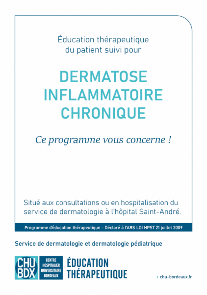 Page de couverture de la plaquette d'information du programme d'éducation thérapeutique ETP Dermatose inflammatoire chronique Dépliant CHU de Bordeaux