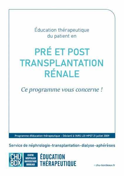 Page de couverture de la plaquette d'information du programme d'éducation thérapeutique ETP Pré et post transplantation rénale CHU de Bordeaux