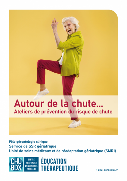 Page couverture du flyer prévention de la chute chez les séniors ETP Autour de la chute Dépliant CHU de Bordeaux