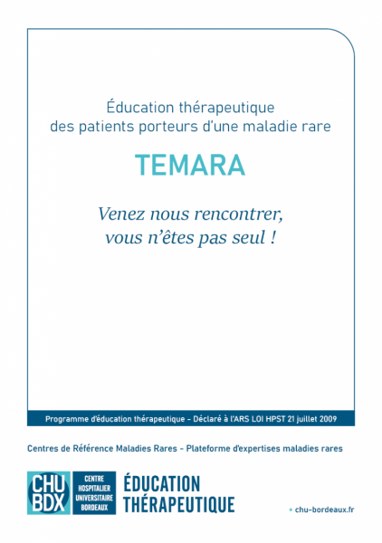 Page couverture dépliant présentation du programme d'éducation thérapeutique ETP maladies rares Temara CHU de Bordeaux