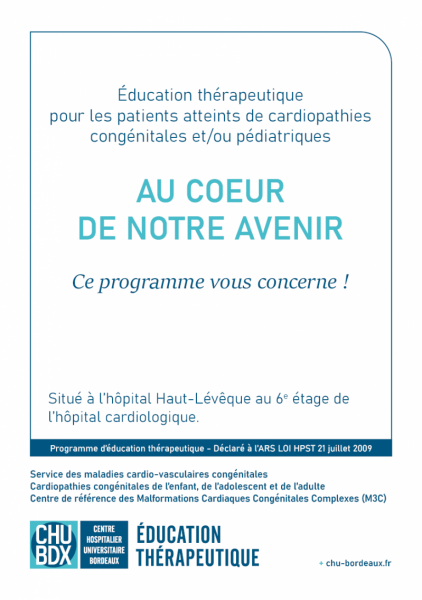 Page de couverture de la plaquette d'information du programme d'éducation thérapeutique ETP Cardiopathies congenitales CHU de Bordeaux