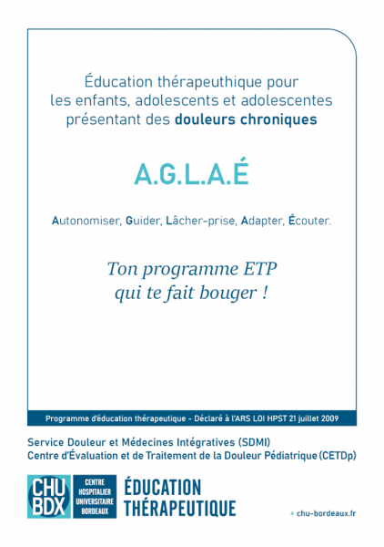 Page couverture dépliant présentation du programme d'éducation thérapeutique ETP Douleur chronique pédiatrique CHU de Bordeaux