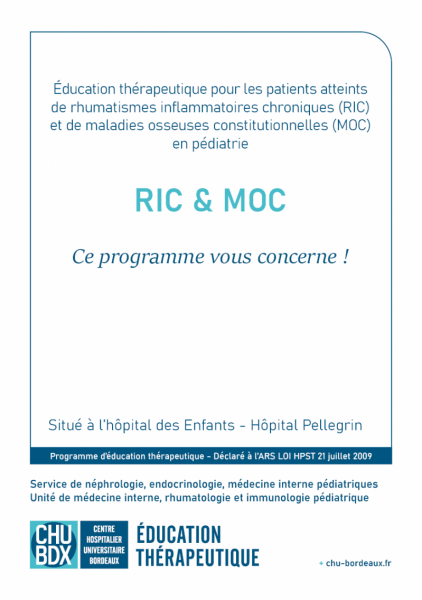 Page de couverture de la plaquette d'information du programme d'éducation thérapeutique ETP Rhumatologie pédiatrique CHU de Bordeaux