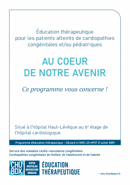 Page couverture dépliant présentation du programme d'éducation thérapeutique ETP Cardiopathies congenitales CHU de Bordeaux