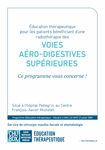 Page couverture dépliant présentation du programme d'éducation thérapeutique ETP Dépliant radiotherapie voies aéro-digestives supérieures CHU de Bordeaux