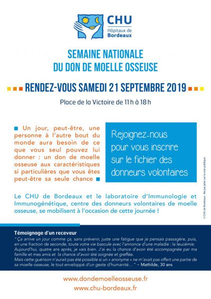 Flyer journée don de moelle samedi 21 septembre Don de moelle osseuse, moelle osseuse, journée don de moelle osseuse, place de la victoire bordeaux, 21 septembre