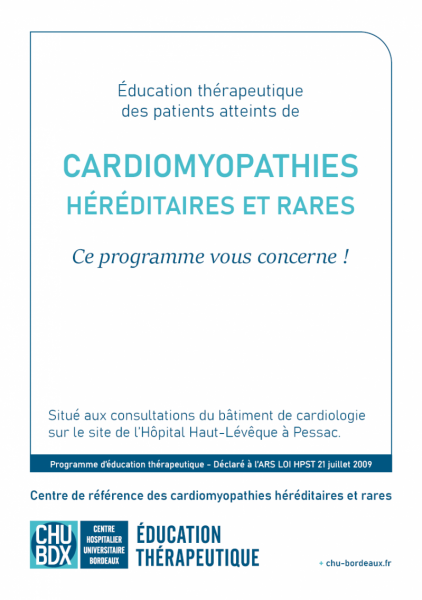 Page couverture dépliant présentation du programme d'éducation thérapeutique ETP Cardiomyopathies héréditaires et rares CHU de Bordeaux