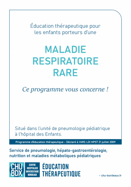 Page couverture dépliant présentation du programme d'éducation thérapeutique ETP Maladies respiratoires rares CHU de Bordeaux