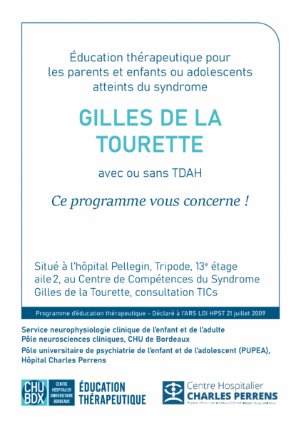 Page couverture dépliant présentation du programme d'éducation thérapeutique ETP Syndrome Gilles de la Tourette CHU de Bordeaux