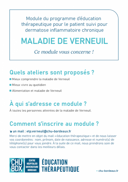 Page couverture du flyer ETP concernant la maladie de Verneuil ETP maladie de Verneuil CHU de Bordeaux