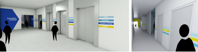 Une trame colorée est déployée par services (ex : cardio = Bleu, spécialité = Jaune).