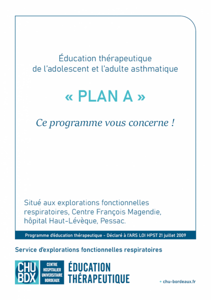 Page couverture dépliant présentation du programme d'éducation thérapeutique ETP Plan Asthme adultes CHU de Bordeaux
