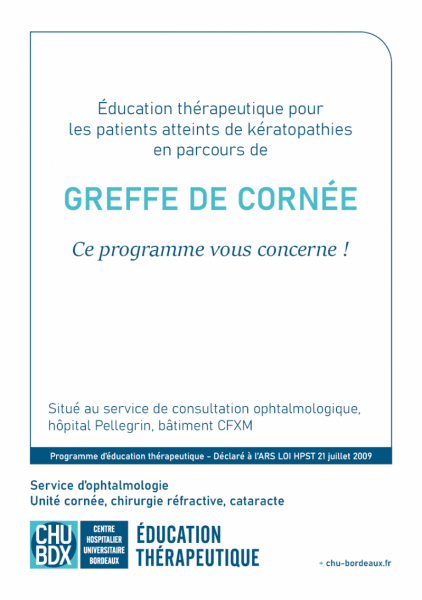 Page couverture dépliant présentation du programme d'éducation thérapeutique ETP Greffe de cornée