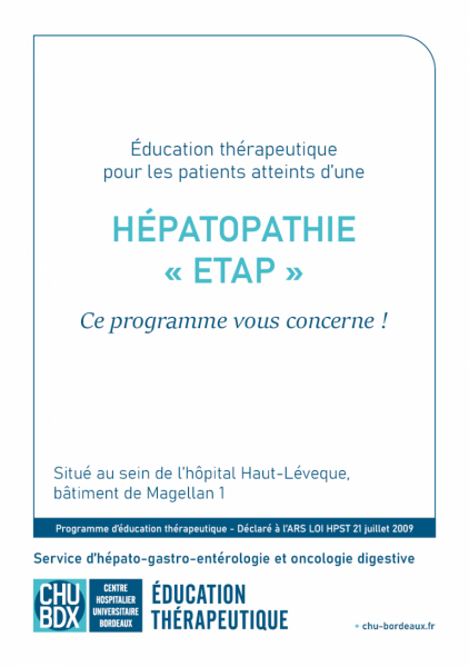 Page couverture dépliant présentation du programme d'éducation thérapeutique ETP Hépatopathie CHU de Bordeaux