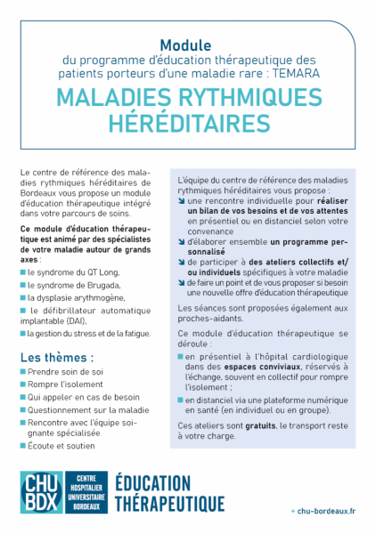 Page de couverture du flyer ETP maladies rythmiques héréditaires ETP Module maladies rythmiques héréditaires Temara Flyer CHU de Bordeaux