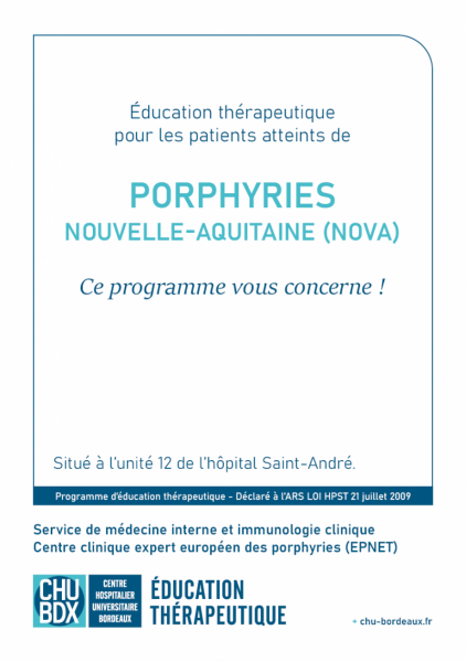 Page couverture dépliant présentation du programme d'éducation thérapeutique ETP Porphyries CHU de Bordeaux