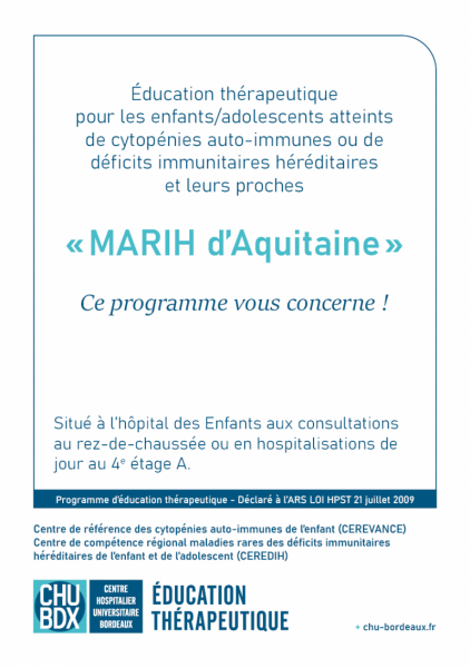 Page couverture dépliant présentation du programme d'éducation thérapeutique ETP cytopénies auto-immunes déficits immunitaires héréditaires CHU de Bordeaux