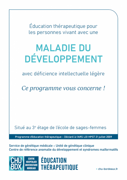 Page de couverture de la plaquette d'information du programme d'éducation thérapeutique ETP maladie du développement CHU de Bordeaux