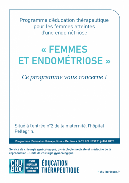 Page de couverture de la plaquette d'information du programme d'éducation thérapeutique ETP Femmes et Endométriose CHU de Bordeaux
